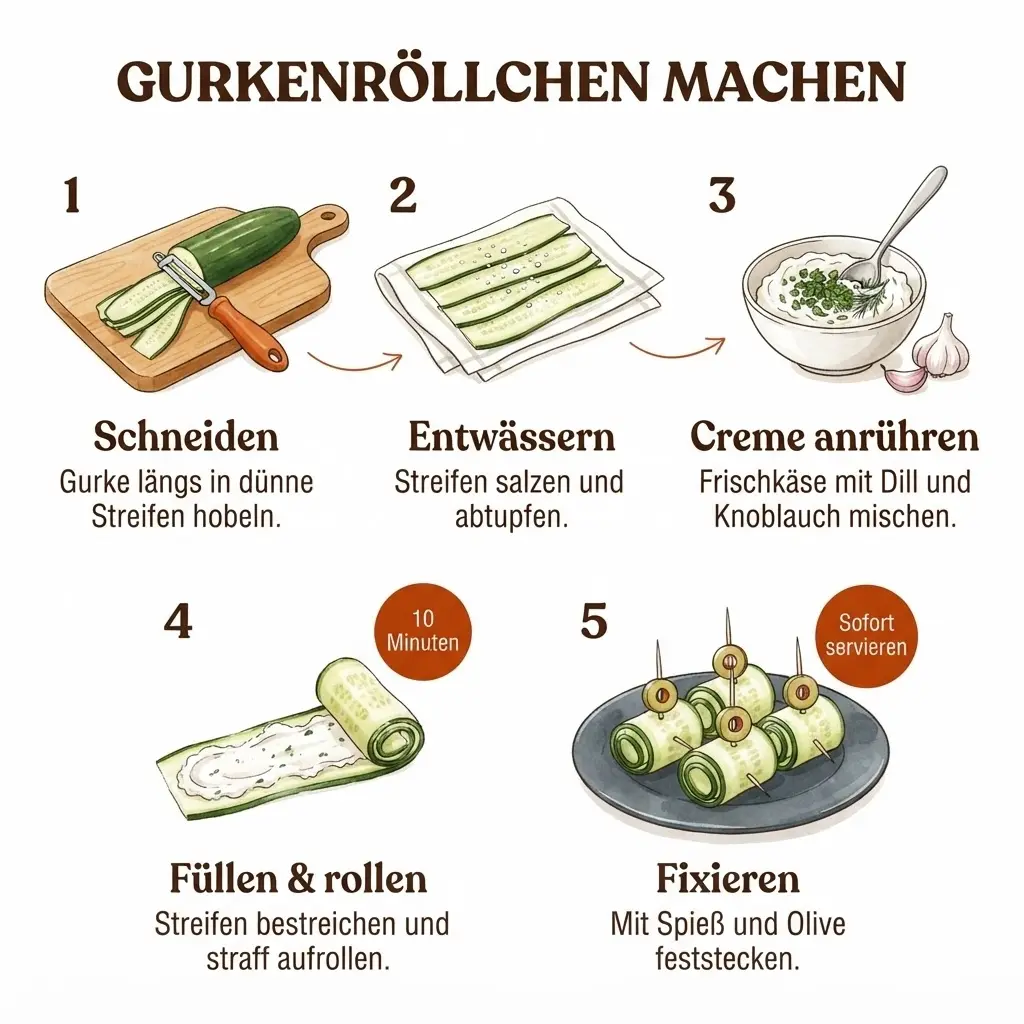 Schritt-für-Schritt-Infografik: Gurkenröllchen mit Frischkäse in fünf Schritten 