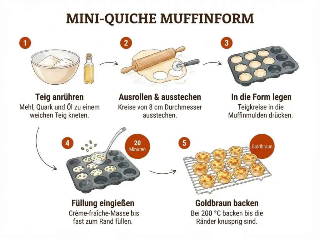  Schritt-für-Schritt-Infografik Mini-Quiche Muffinform: Teig kneten, ausstechen, füllen, backen, fertig