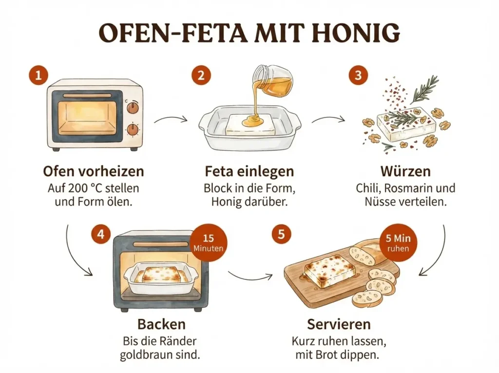 Schritt-für-Schritt-Infografik: Ofen-Feta mit Honig in fünf Schritten zubereiten