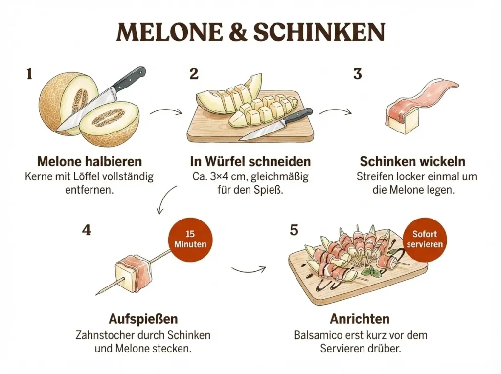 5-Schritte-Infografik: Honigmelone schneiden, Schinken wickeln, Spieße stecken – Buffet-Fingerfood
