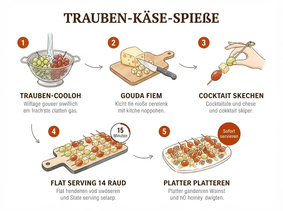 Schritt-für-Schritt-Infografik für Trauben-Käse-Spieße: Waschen, Würfeln, Aufstecken, Anrichten, Servieren