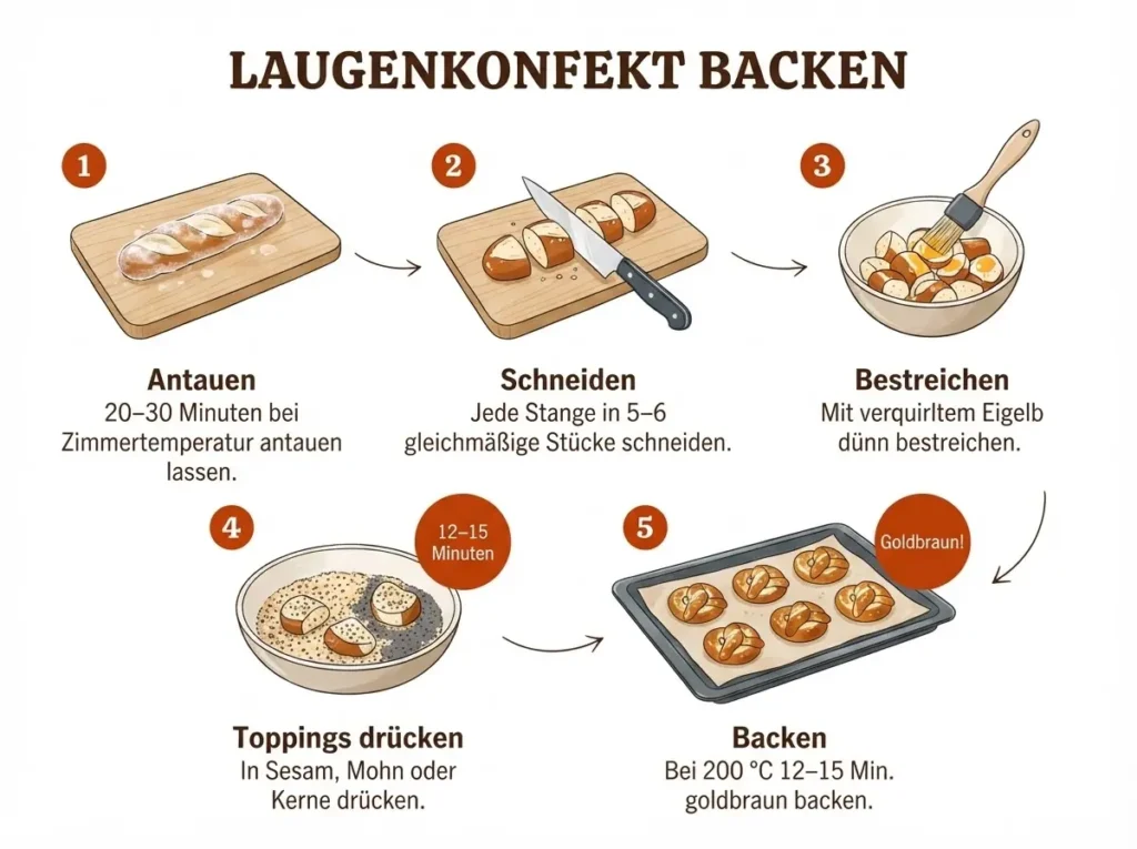 Schritt-für-Schritt-Infografik Laugenkonfekt: Antauen, Schneiden, Bestreichen, Wälzen, Backen