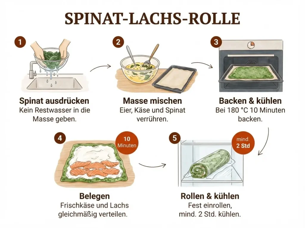  Schritt-für-Schritt-Infografik: Spinat-Lachs-Rolle mit Frischkäse in 5 Schritten von der Masse bis zum Aufschneiden