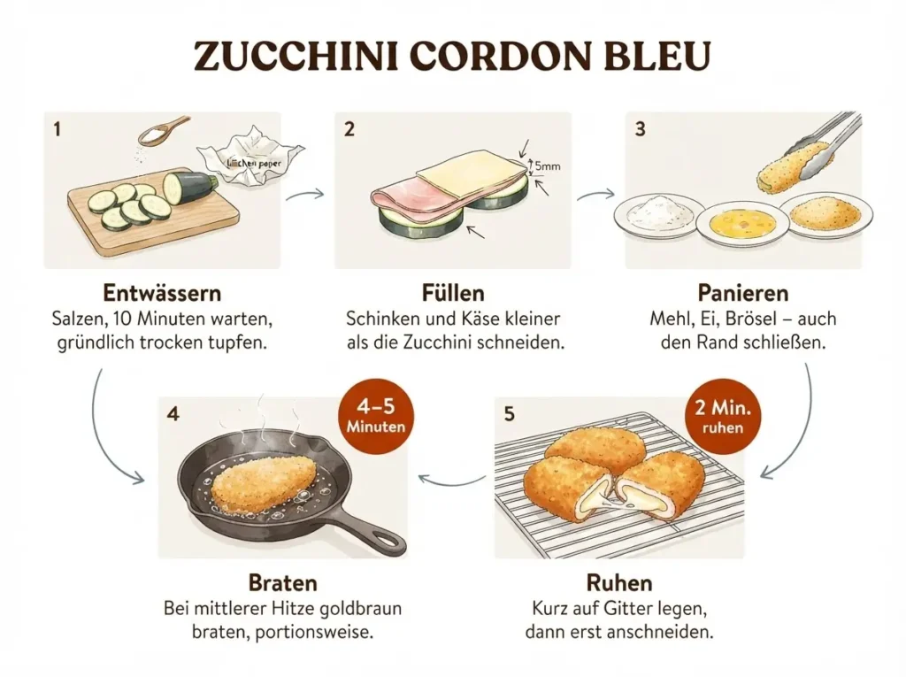 Infografik: 5 Schritte für Zucchini-Cordon-Bleu – Entwässern, Füllen, Panieren, Braten, Ruhen
