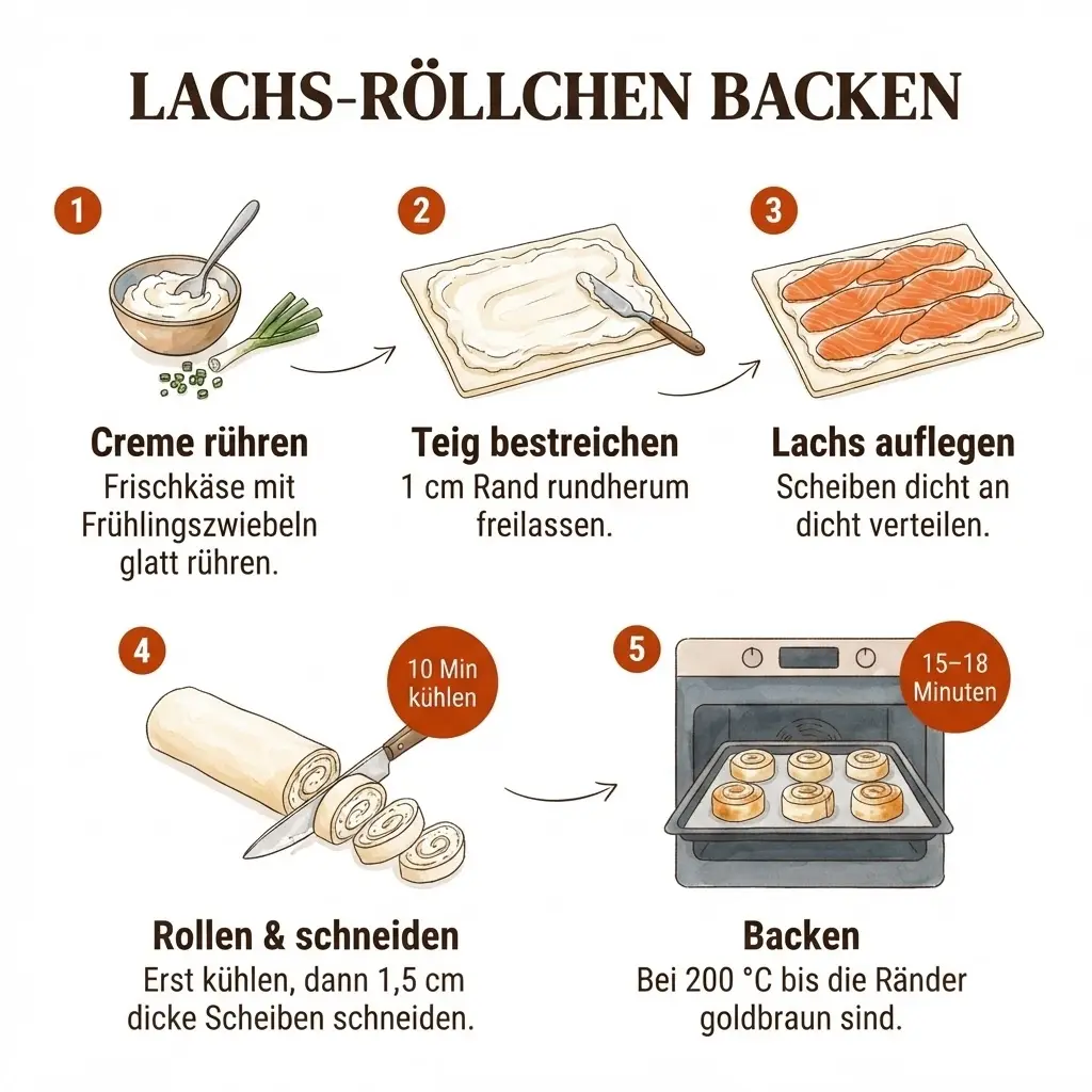 Schritt-für-Schritt-Infografik: Blätterteig-Räucherlachs-Röllchen in 5 Schritten zubereiten