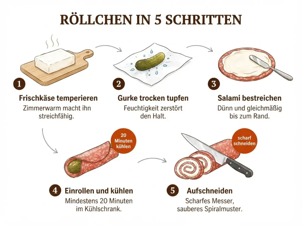 Schritt-für-Schritt-Infografik: Salami-Frischkäse-Röllchen in 5 Schritten von Frischkäse bis fertig