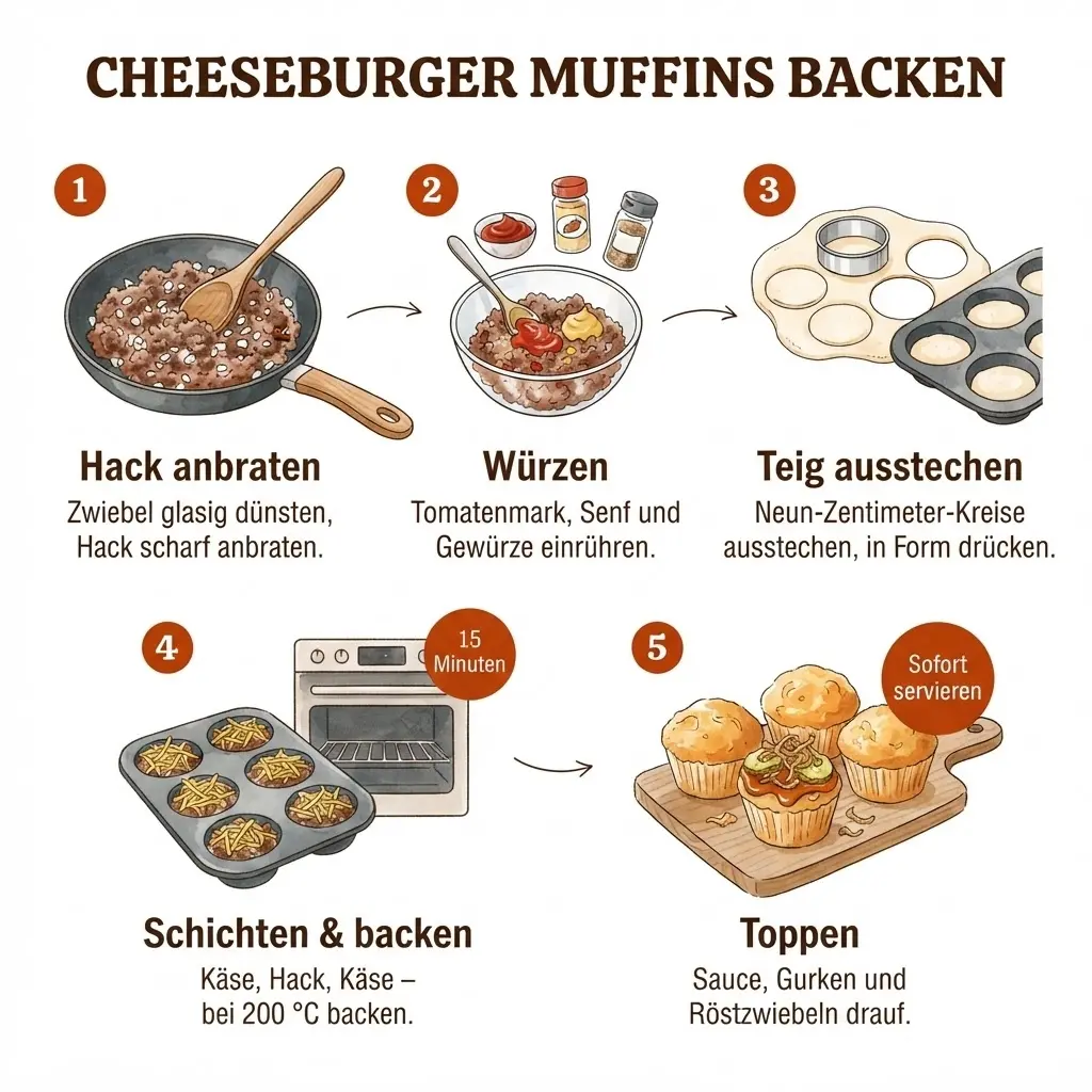  Schritt-für-Schritt-Infografik Cheeseburger Muffins mit Pizzateig: fünf illustrierte Zubereitungsschritte