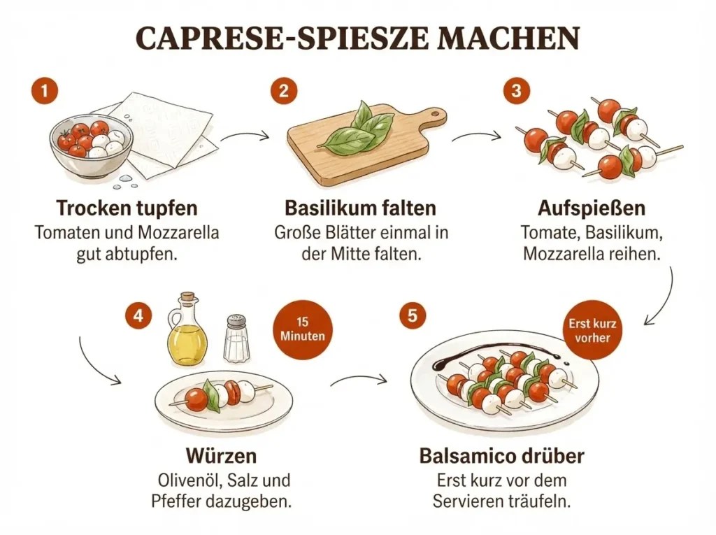 Schritt-für-Schritt-Infografik Caprese-Spieße: Trocken tupfen, Basilikum falten, Aufspießen, Würzen, Servieren