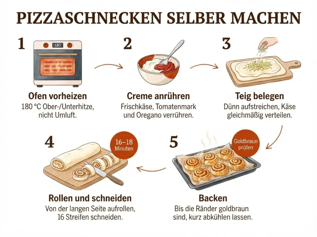  Schritt-für-Schritt-Infografik: Pizzaschnecken mit Pizzateig in fünf Schritten selber machen.