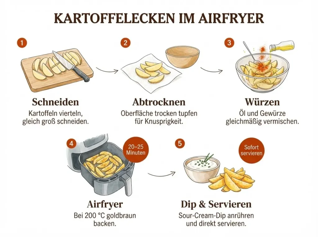 5-Schritte-Infografik: Airfryer-Kartoffelecken mit Dip von Schneiden bis Servieren