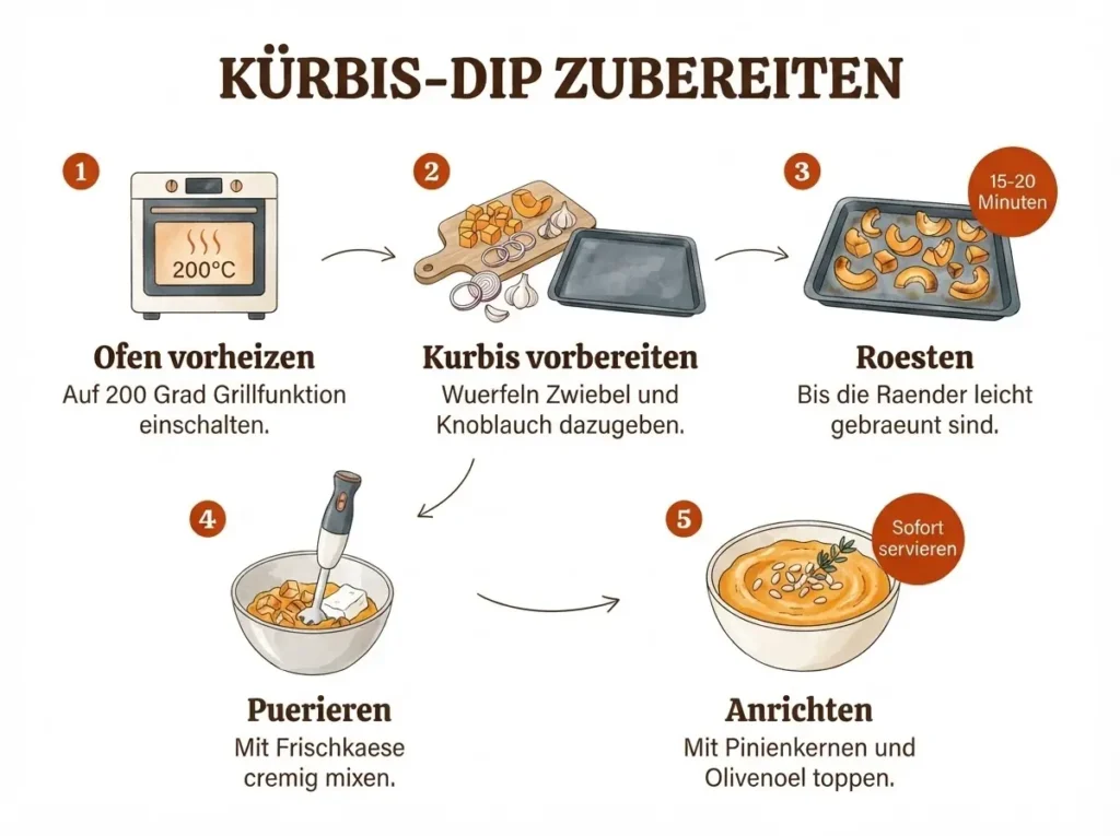 Schritt-für-Schritt-Illustration Kürbis-Dip: Ofen, Kürbis würfeln, rösten, pürieren, anrichten.