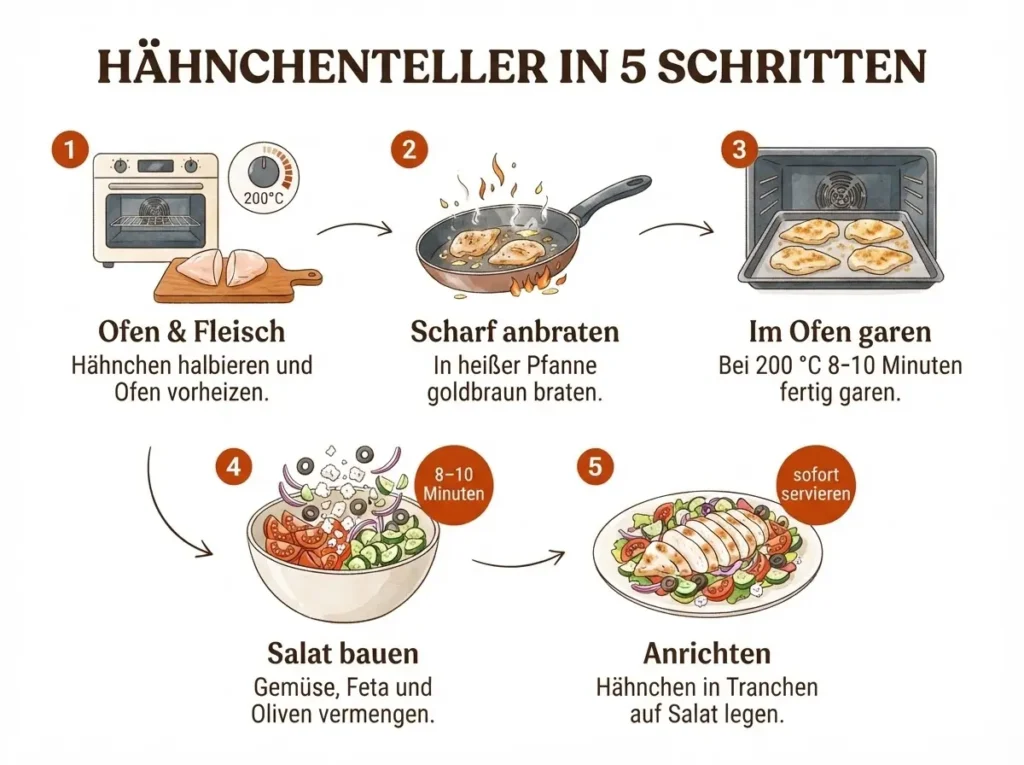 Schritt-für-Schritt-Infografik: Griechischer Hähnchenteller Low Carb in 5 Schritten von der Pfanne bis zum Teller