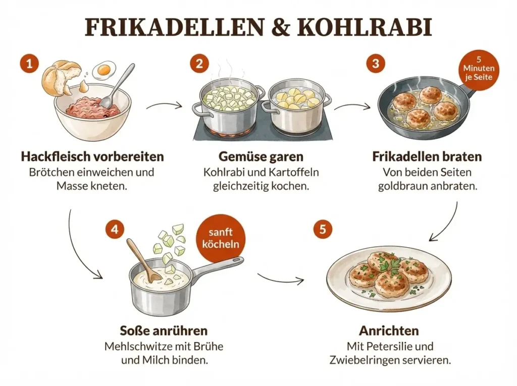 Schritt-für-Schritt-Infografik Kohlrabigemüse mit Frikadellen, fünf illustrierte Zubereitungsschritte