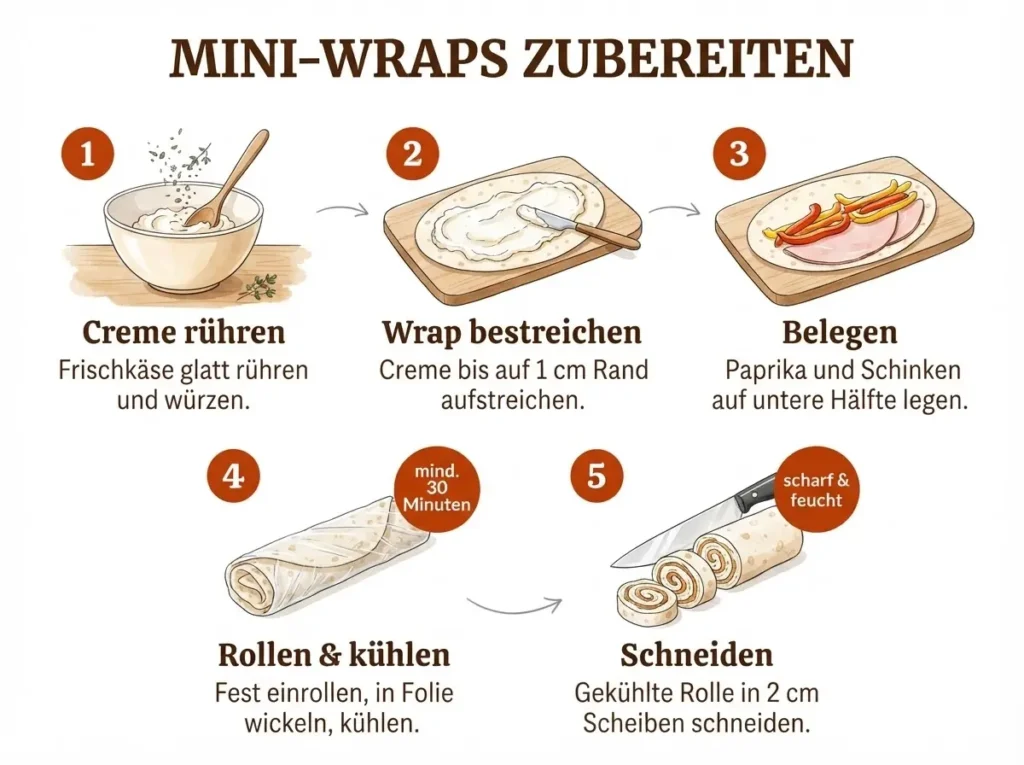  Mini-Wraps mit Frischkäse und Paprika: 5-Schritte-Infografik zur Zubereitung