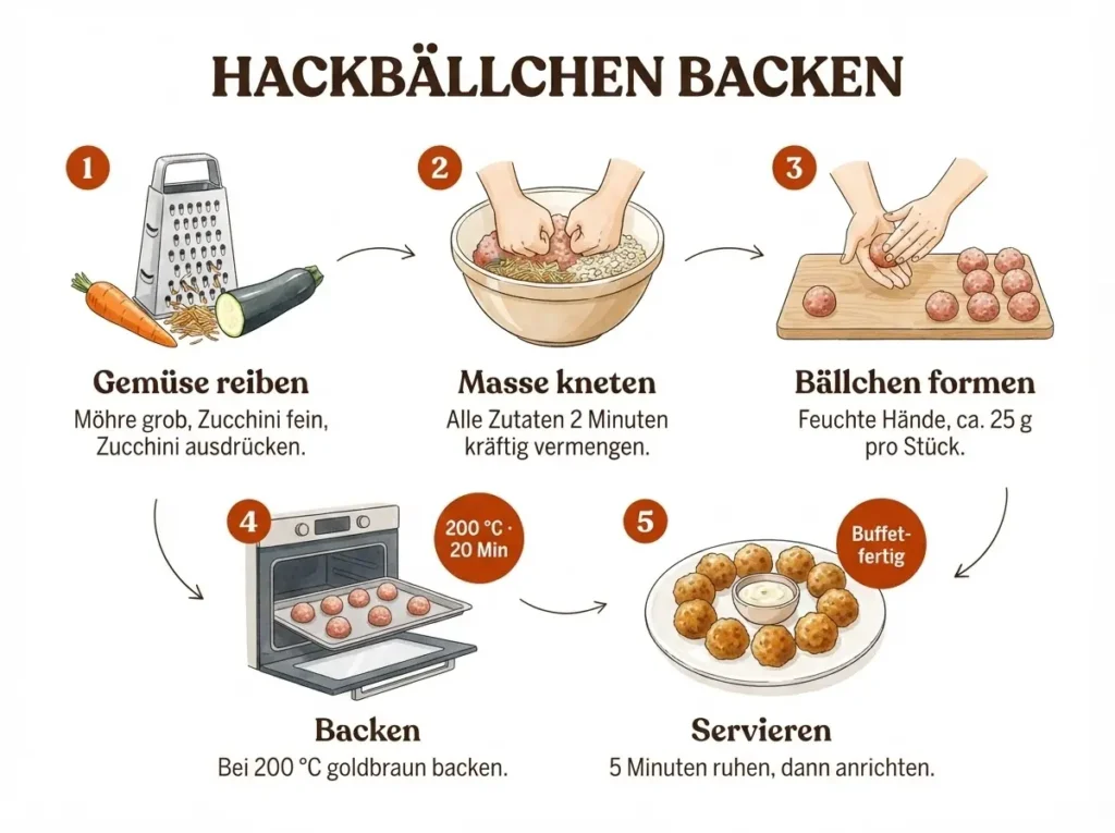  Schritt-für-Schritt-Infografik: Gemüse-Hackbällchen reiben, kneten, formen, backen, servieren