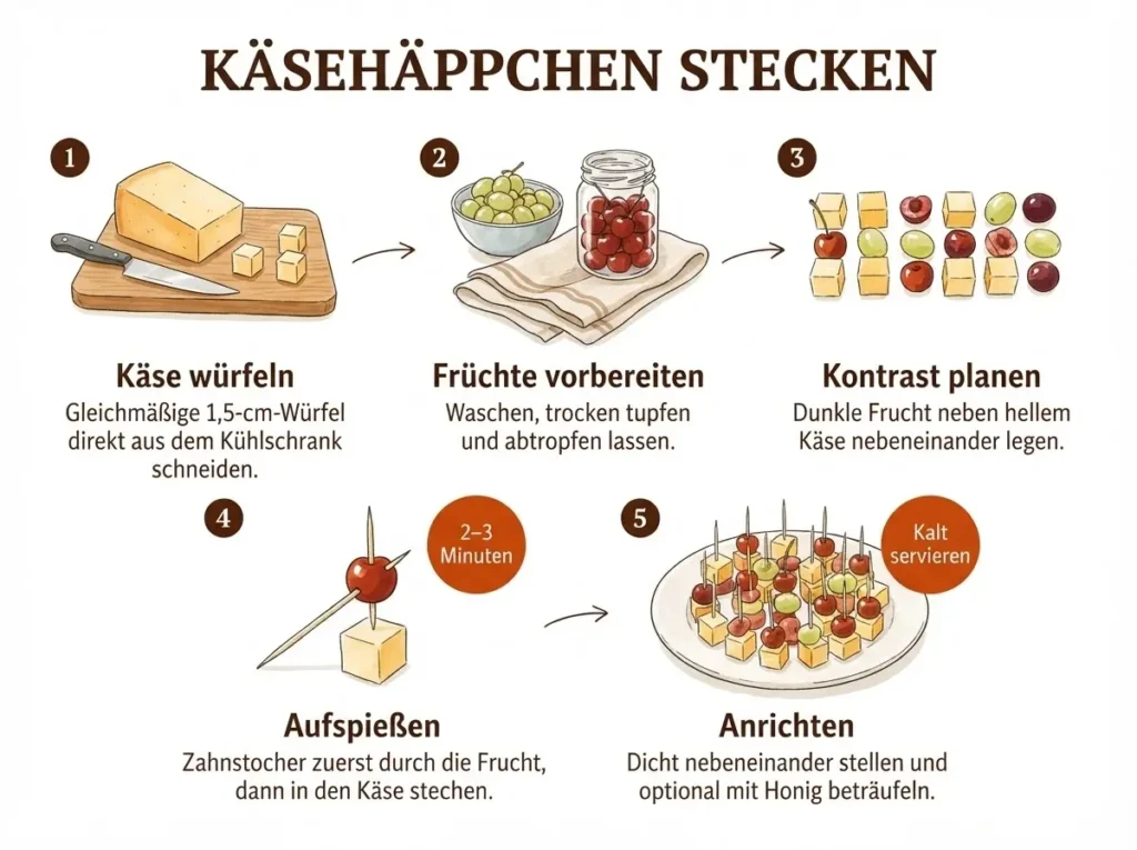  Schritt-für-Schritt-Infografik: Käsehäppchen mit Zahnstocher in 5 Schritten zubereiten