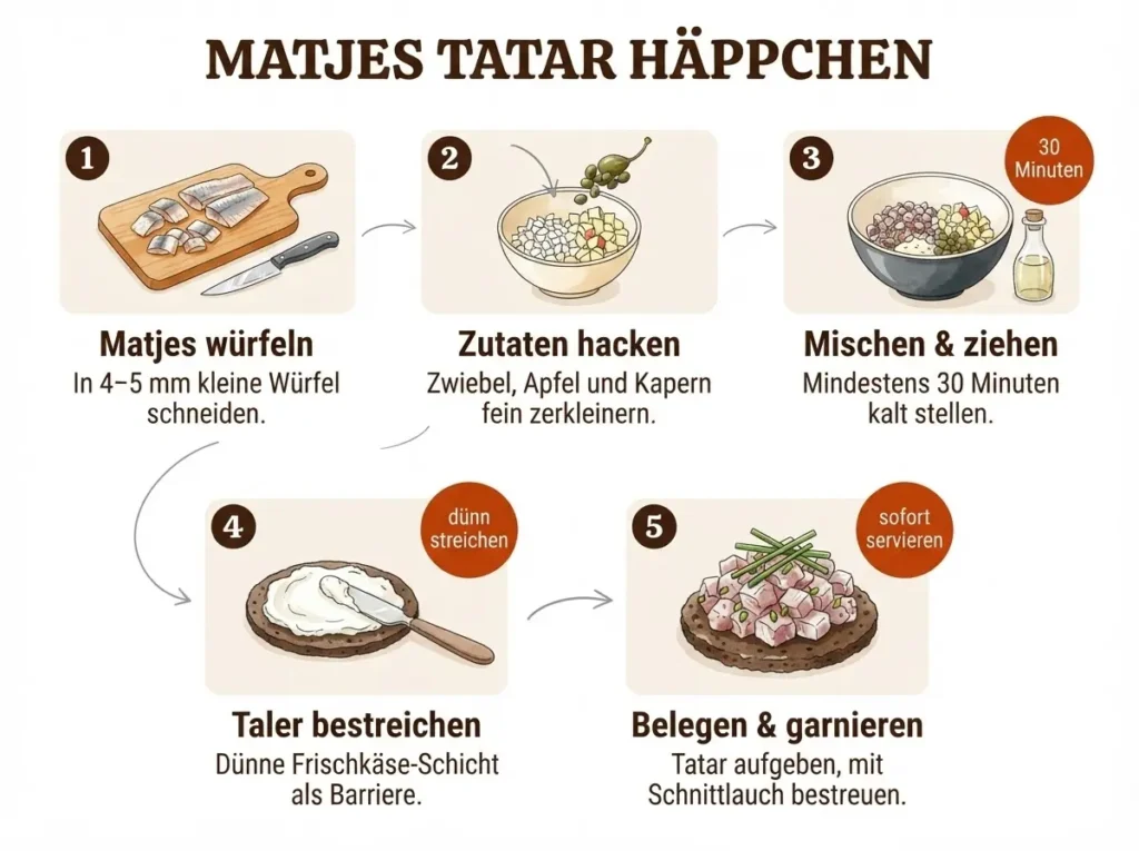 Schritt-für-Schritt-Infografik: Matjes Tatar auf Pumpernickel Häppchen in fünf illustrierten Panels