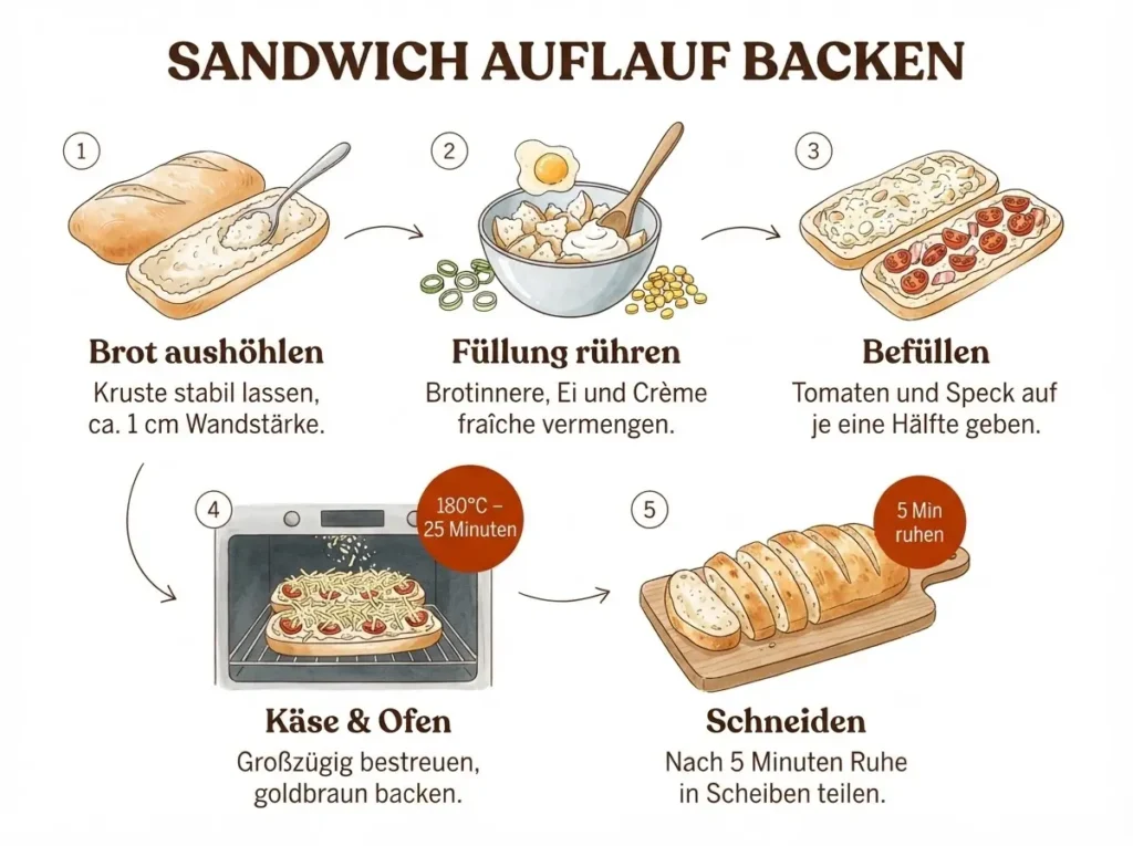 Schritt-für-Schritt-Infografik Sandwich-Auflauf: Brot aushöhlen, Füllung rühren, befüllen, käsen, backen