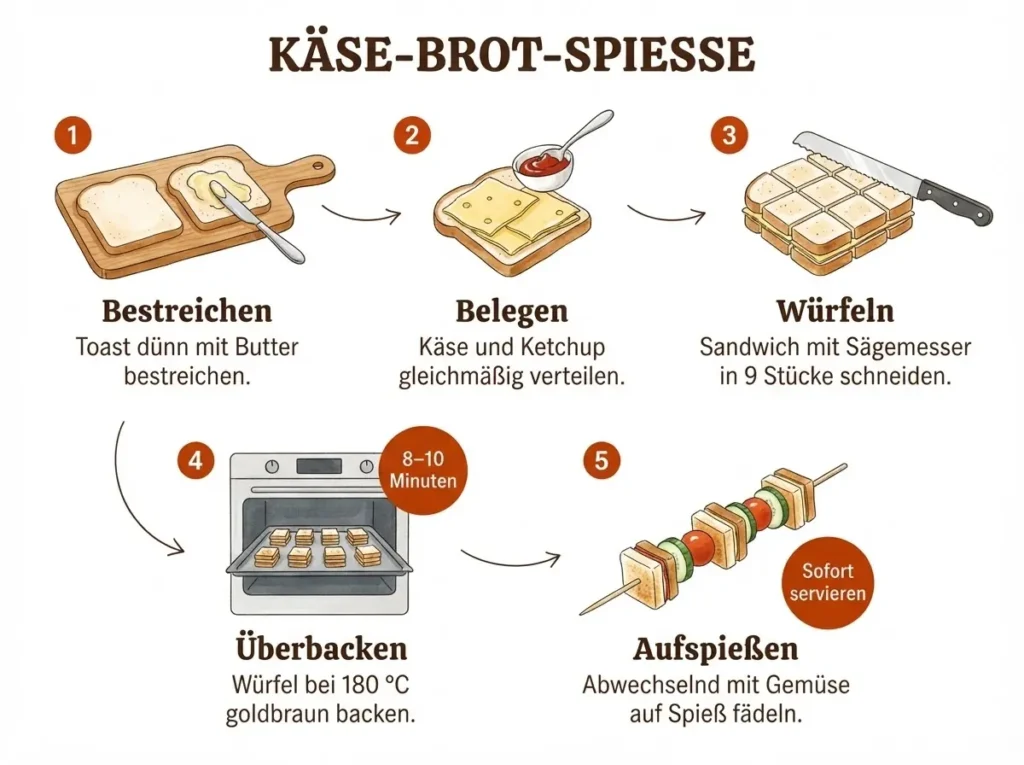  Schritt-für-Schritt-Illustration: Käse-Brot-Spieße in 5 Schritten von Toast bis fertigem Spieß
