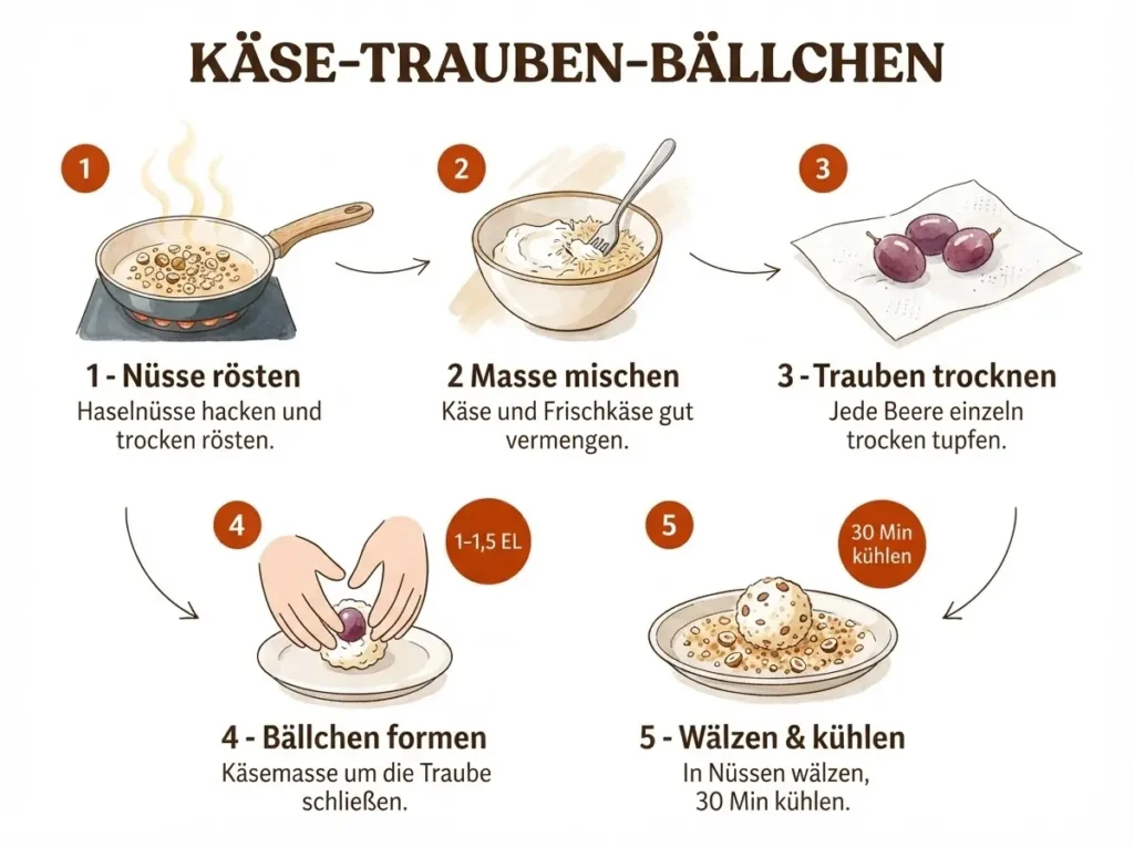 Schritt-für-Schritt-Infografik Käse-Trauben-Bällchen: Nüsse rösten, Masse mischen, Trauben trocknen, formen, wälzen
