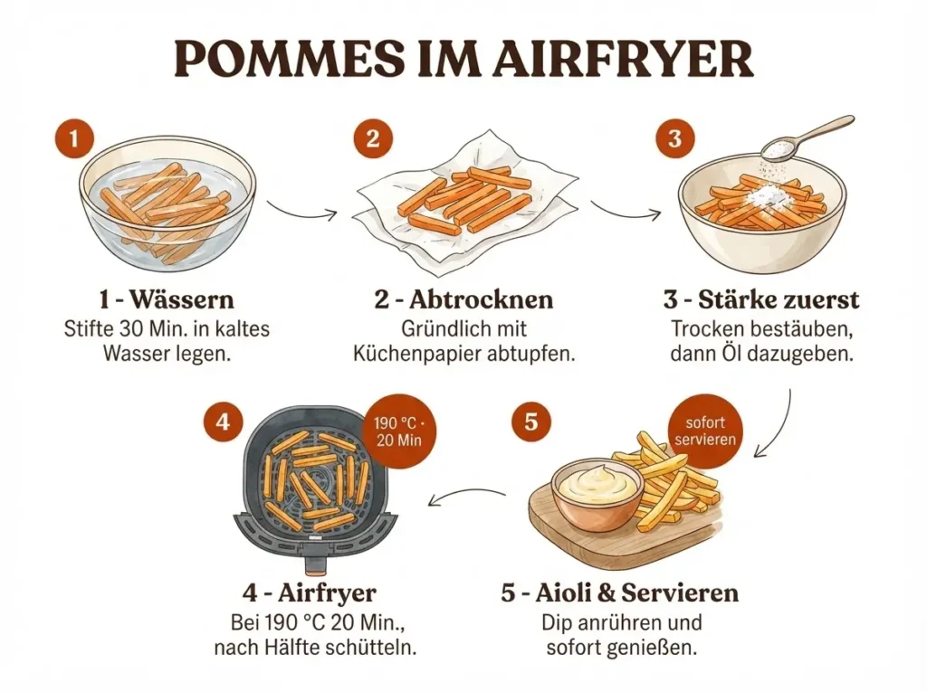 Schritt-Infografik: Süßkartoffel-Pommes wässern, trocknen, würzen, airfryern und Aioli anrühren