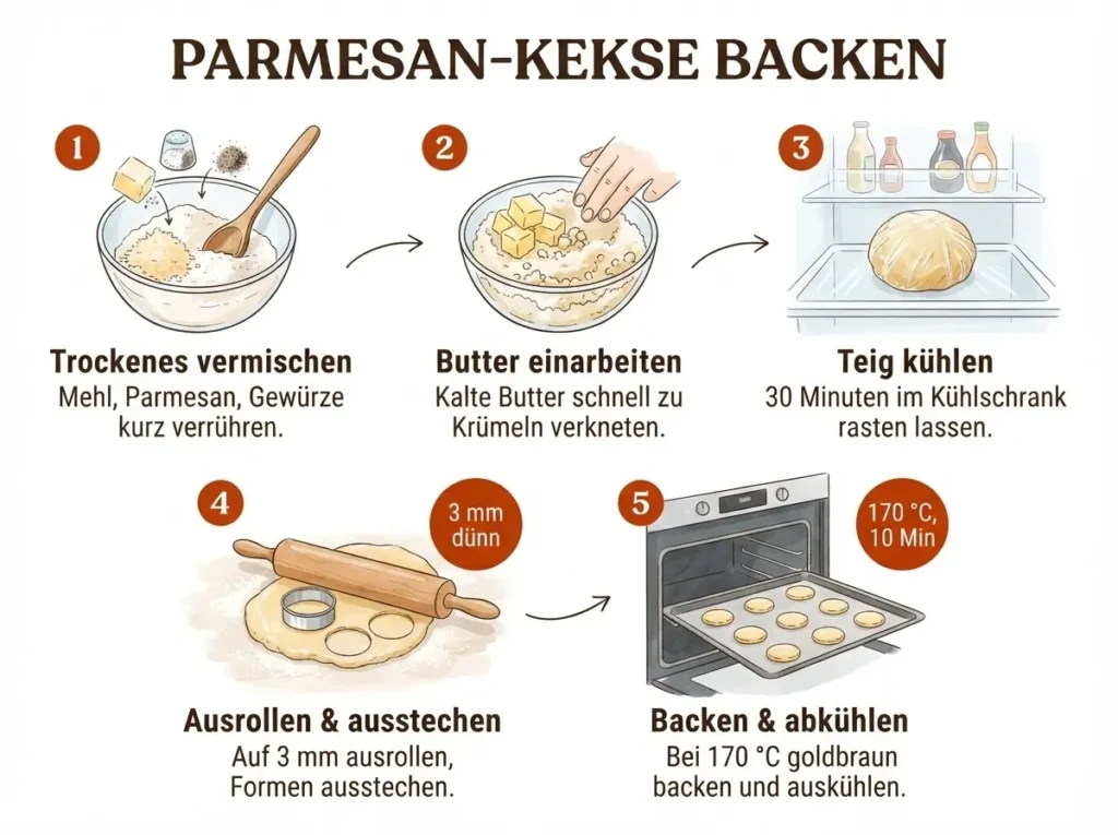 Schritt-für-Schritt-Infografik: Herzhafte Parmesan-Kekse in 5 Schritten von Teig bis Backblech