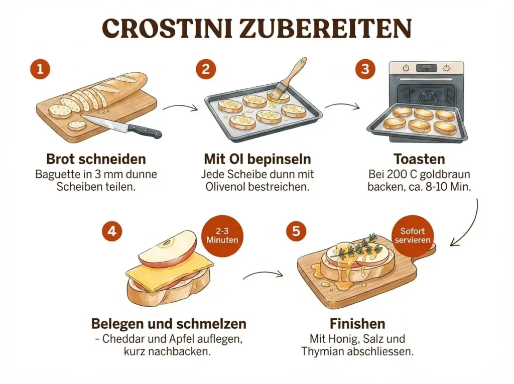 Illustrierte Schritt-für-Schritt-Anleitung für Apfel-Cheddar-Crostini in fünf Panels
