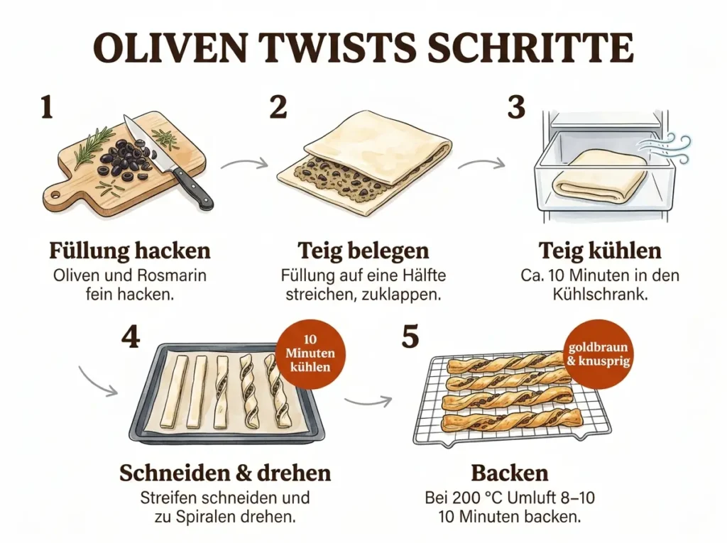 Oliven-Blätterteig-Twists auf einem Holzbrett, servierbereit mit Oliven und Rosmarin als Apéro