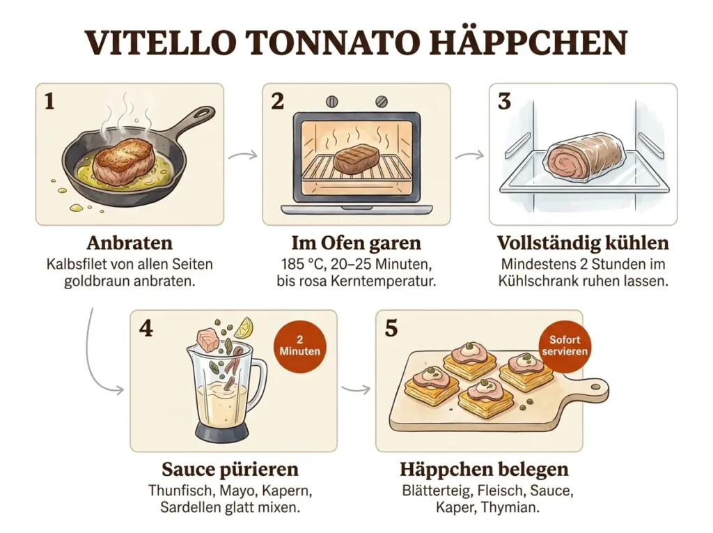 Fünf-Schritte-Infografik für Vitello-Tonnato-Häppchen: Fleisch anbraten, garen, kühlen, Sauce pürieren, belegen