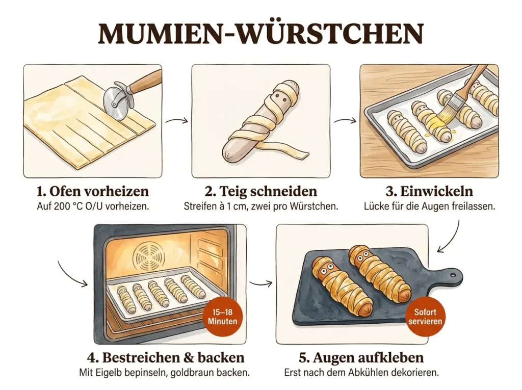 Schritt-für-Schritt-Infografik: Mumien-Würstchen im Blätterteig in fünf Schritten