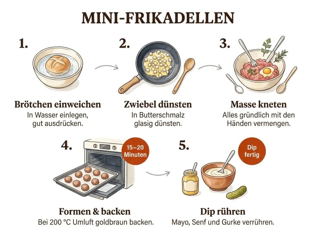 Schritt-für-Schritt-Infografik für Mini-Frikadellen mit Senfdip in fünf illustrierten Panels auf weißem Hintergrund