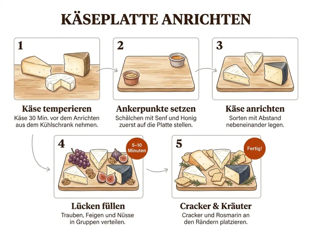 Schritt-für-Schritt-Infografik Rotwein Käseplatte anrichten in 5 Schritten illustriert
