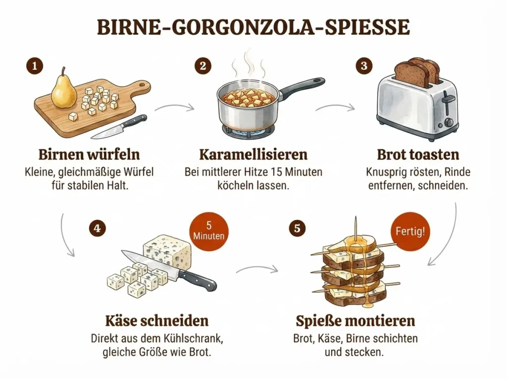 Schritt-für-Schritt-Infografik für Birne-Gorgonzola-Spieße in fünf illustrierten Panels