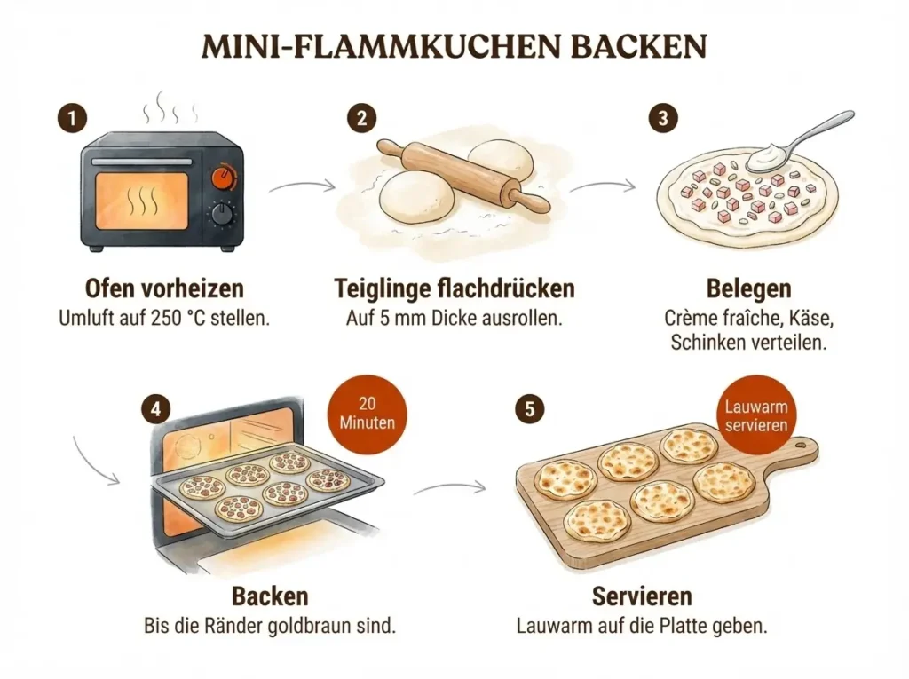 Handgezeichnete Infografik: Fünf Schritte für Mini-Flammkuchen Fingerfood, Aquarell-Stil auf weißem Hintergrund