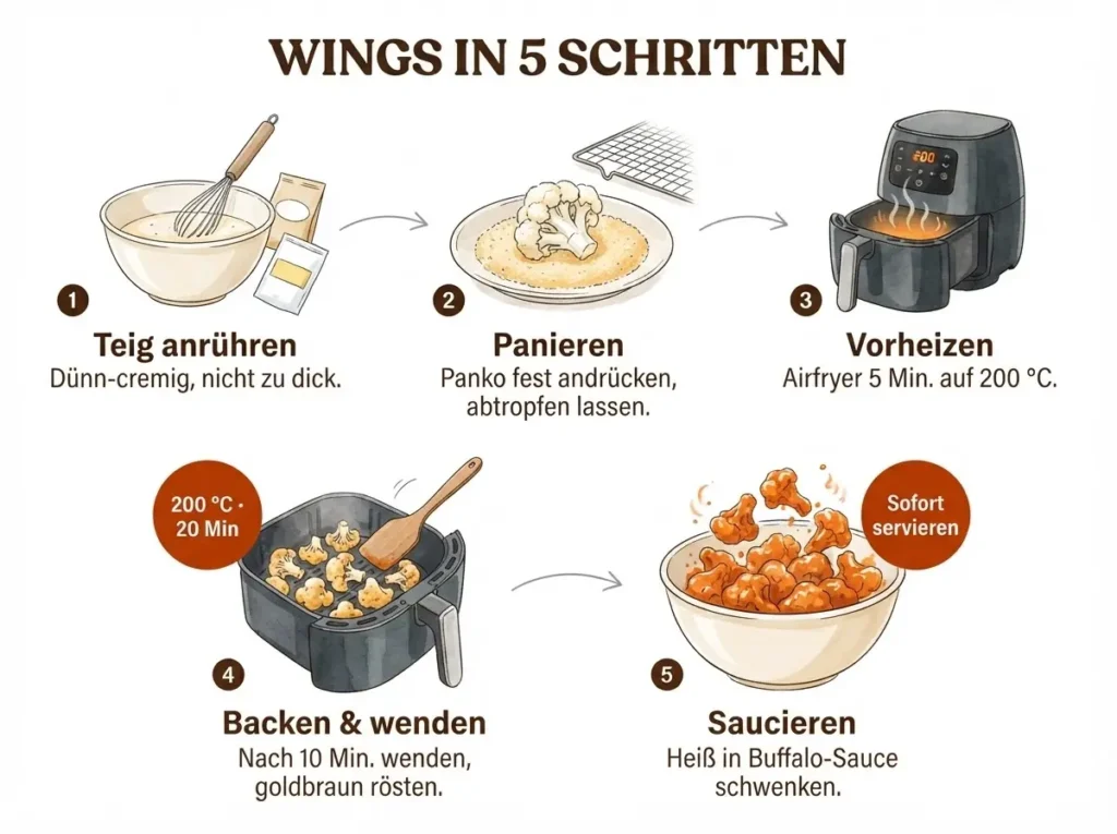 Fünf-Schritte-Infografik: Blumenkohl Wings im Airfryer von Teig bis Buffalo-Sauce