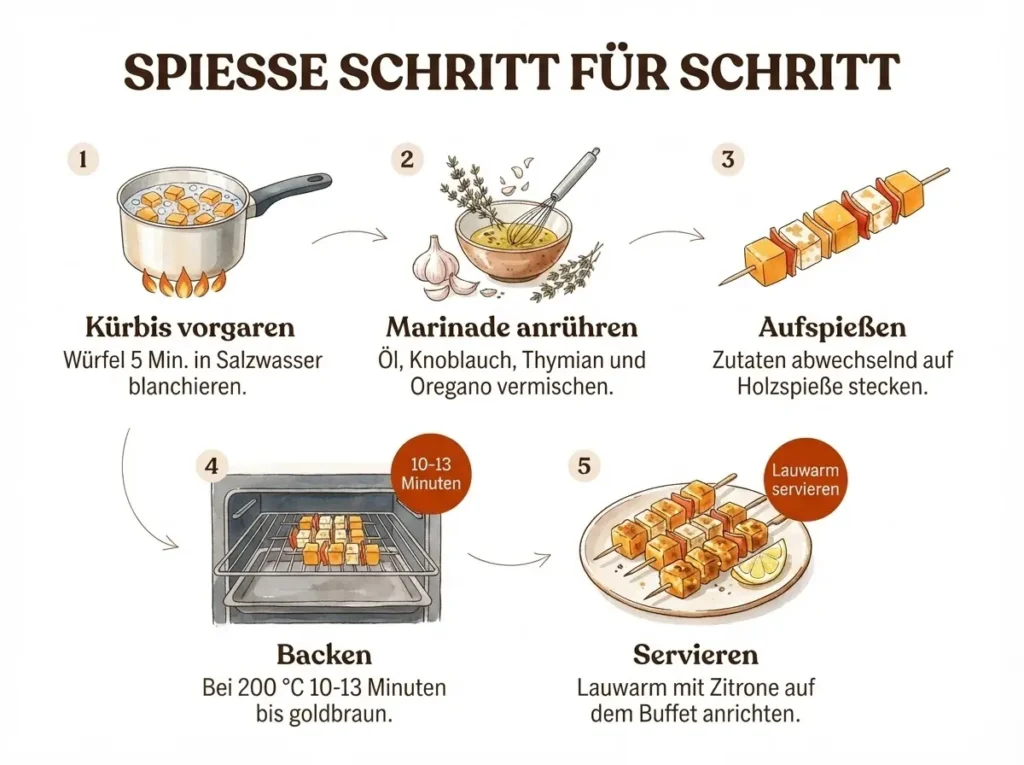 Schritt-für-Schritt-Infografik Kürbis-Halloumi-Spieße: Vorgaren, Marinieren, Aufspießen, Grillen, Servieren