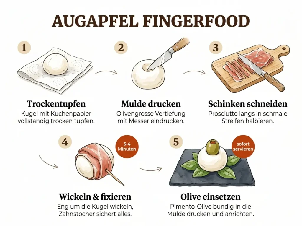 Schritt-für-Schritt-Infografik: Halloween Augapfel Fingerfood in 5 Schritten selbst machen.