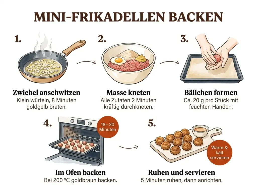 Illustrierte Schritt-für-Schritt-Anleitung für Mini-Frikadellen: Zwiebel, Masse, Formen, Backen, Servieren
