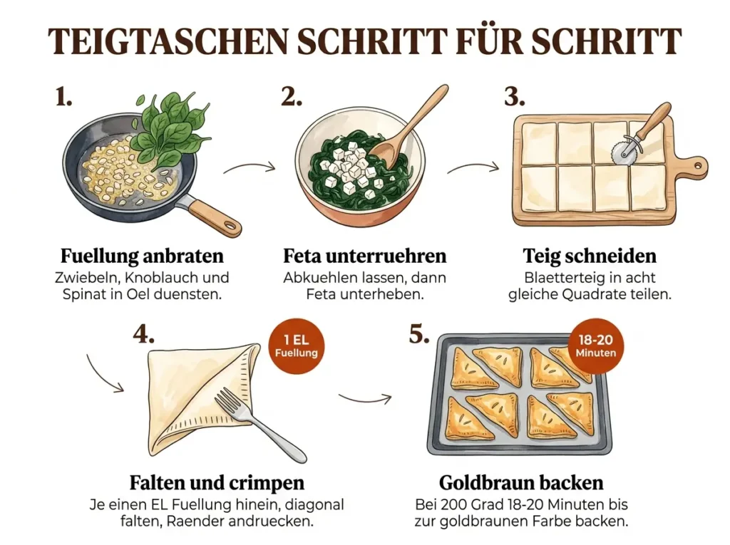  Schritt-für-Schritt-Infografik: Blätterteigtaschen mit Spinat und Feta in fünf Schritten