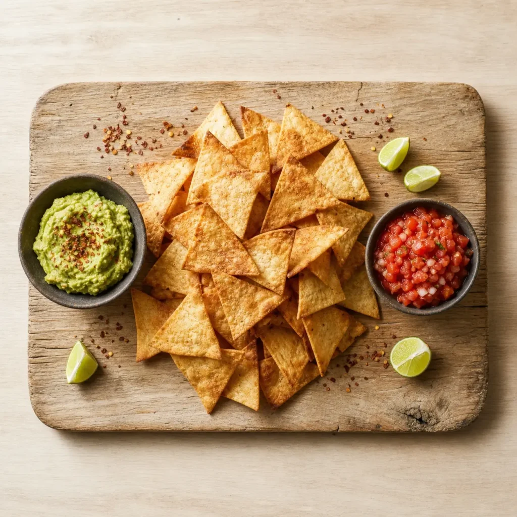 Goldbraune selbst gemachte Tortilla-Chips auf Holzplatte mit Guacamole und Hot Salsa, Draufsicht
