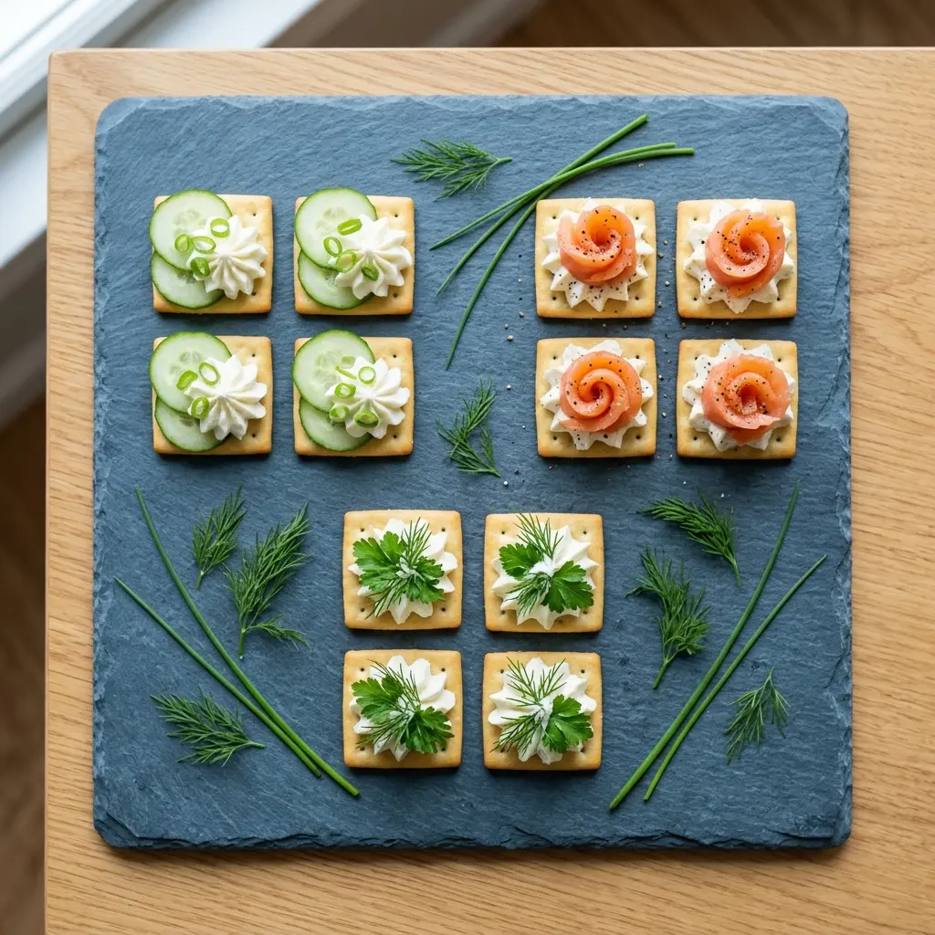  Zwölf Frischkäse-Cracker mit drei Toppings auf Schieferplatte – fertige Häppchen-Platte