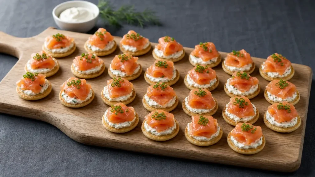 Rustikales Holzbrett mit zwanzig belegten Lachs-Frischkäse Blinis für das Buffet, garniert mit Schnittlauch