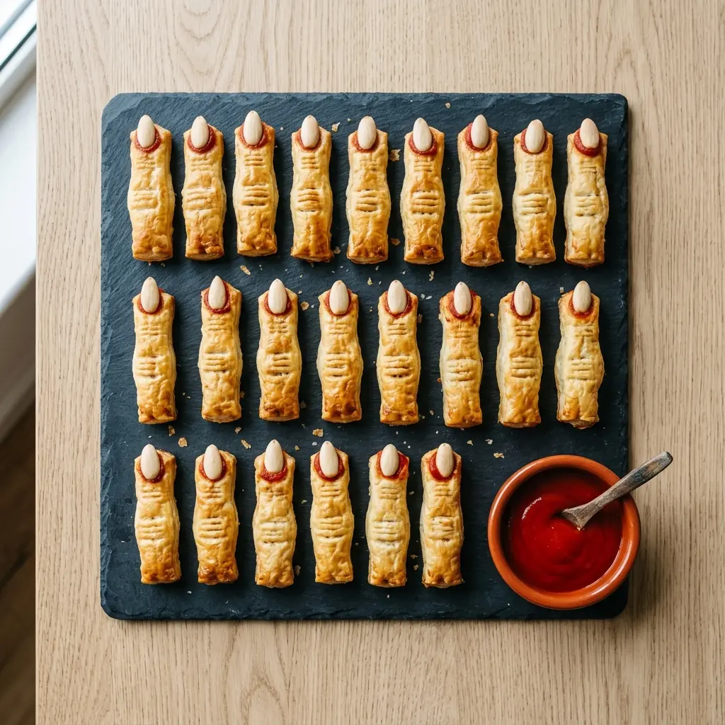 Zwanzig Hexenfinger aus Blätterteig auf dunkler Servierplatte mit rotem Tomatendip als Halloween-Fingerfood