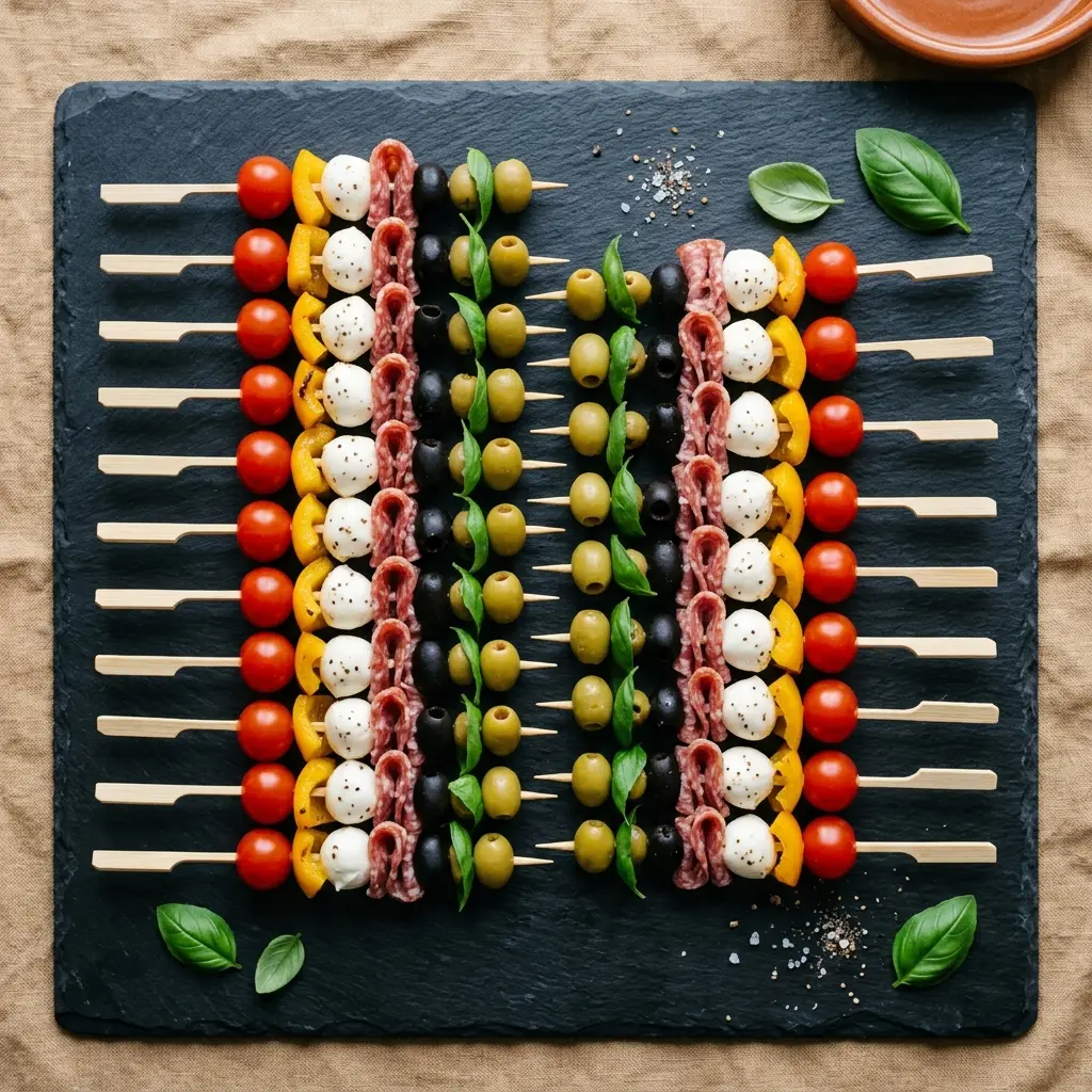 Zwanzig Antipasti-Spieße mit Mozzarella und Salami auf Schieferplatte von oben fotografiert