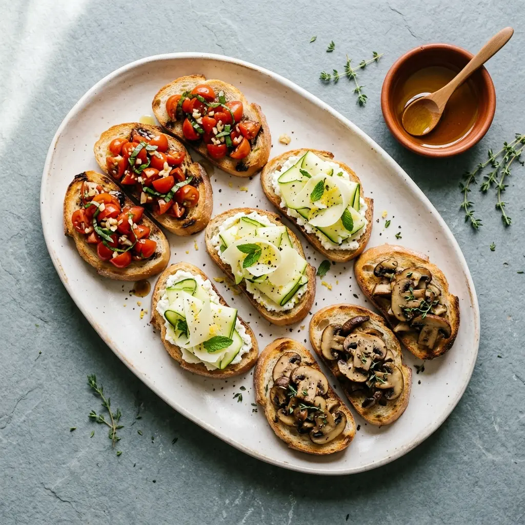 Bruschetta-Platte mit drei Toppings von oben: Tomate-Basilikum, Zucchini-Parmesan und Champignon-Thymian