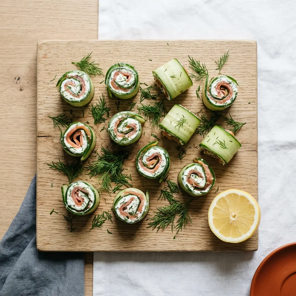 Fertige Gurken-Lachs-Röllchen auf einer Holzplatte aus der Vogelperspektive, garniert mit Dill und Zitrone