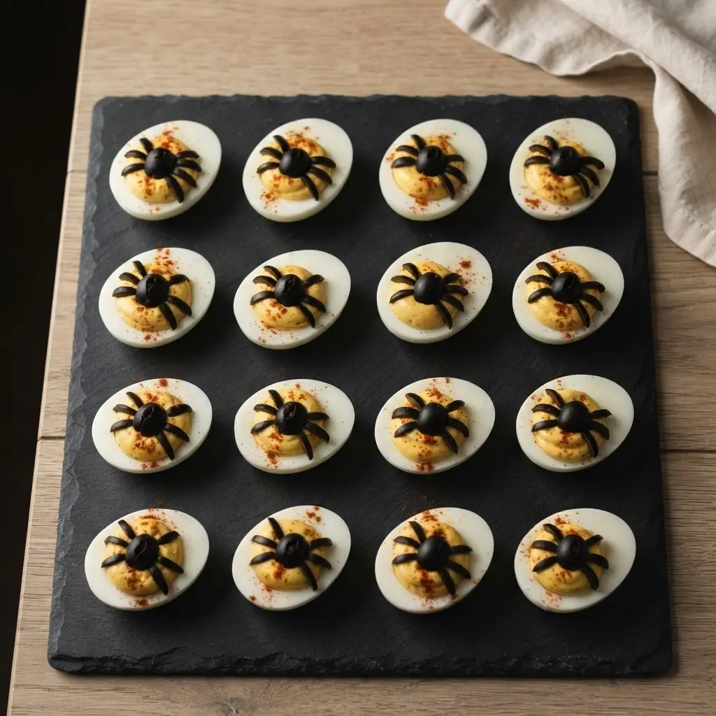 Spinnen-Eier mit Senfcreme auf schwarzer Platte für das Halloween-Buffet
