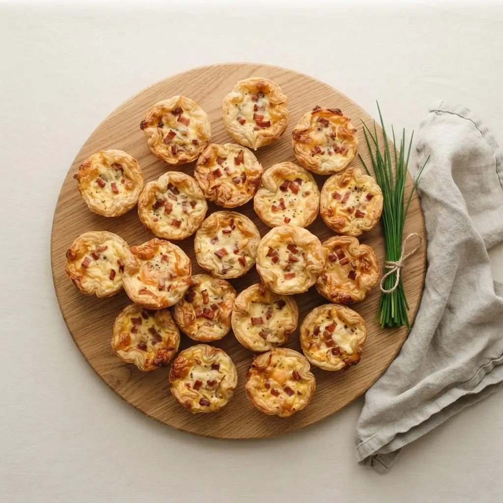  Fertige Mini Quiches Lorraine auf Holzbrett — goldbraune Blätterteig-Häppchen mit Speck und Käse, bereit zum Servieren