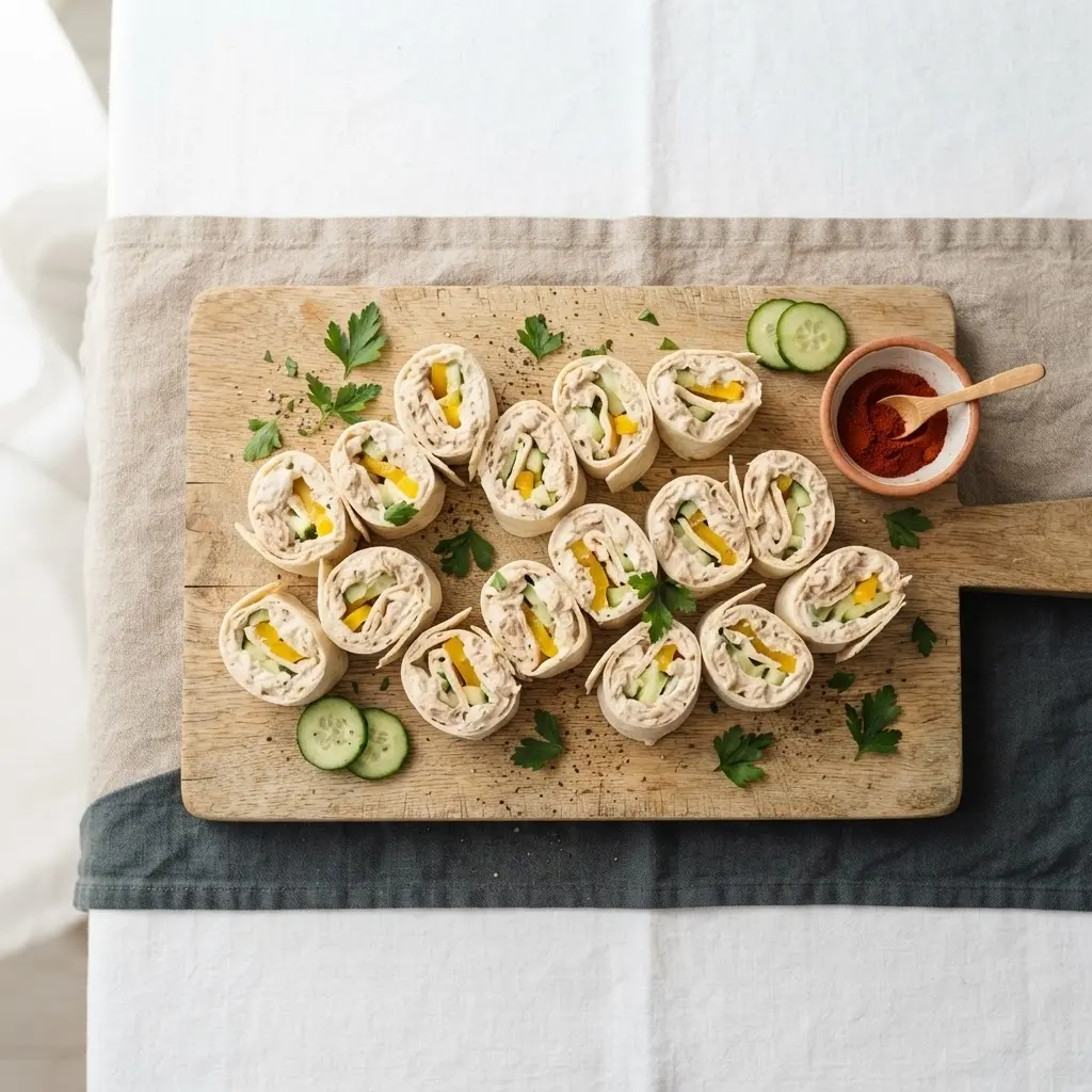 Große Holzplatte mit vielen Tortilla Röllchen mit Frischkäse für das Buffet, Draufsicht