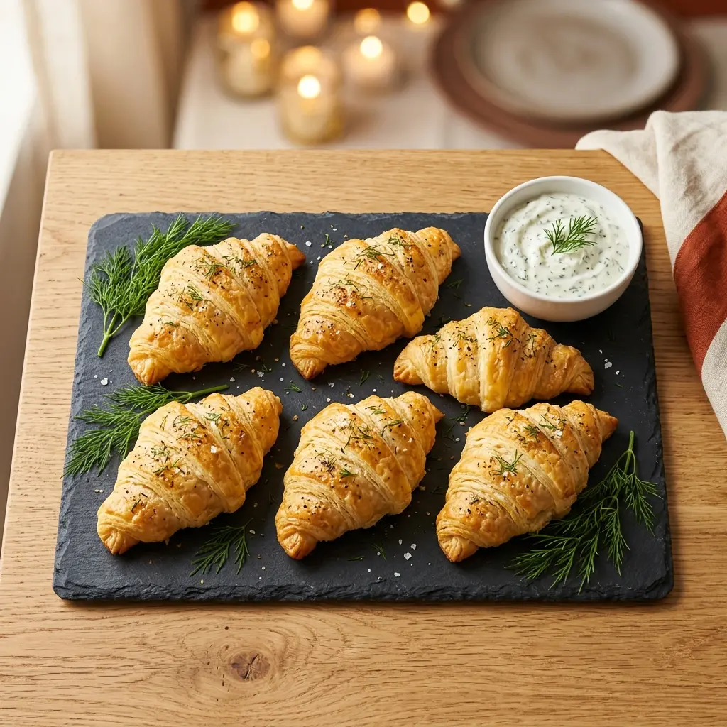  Herzhafte Lachs-Croissants auf einer festlichen Weihnachts-Fingerfood-Platte mit cremigem Dill-Dip